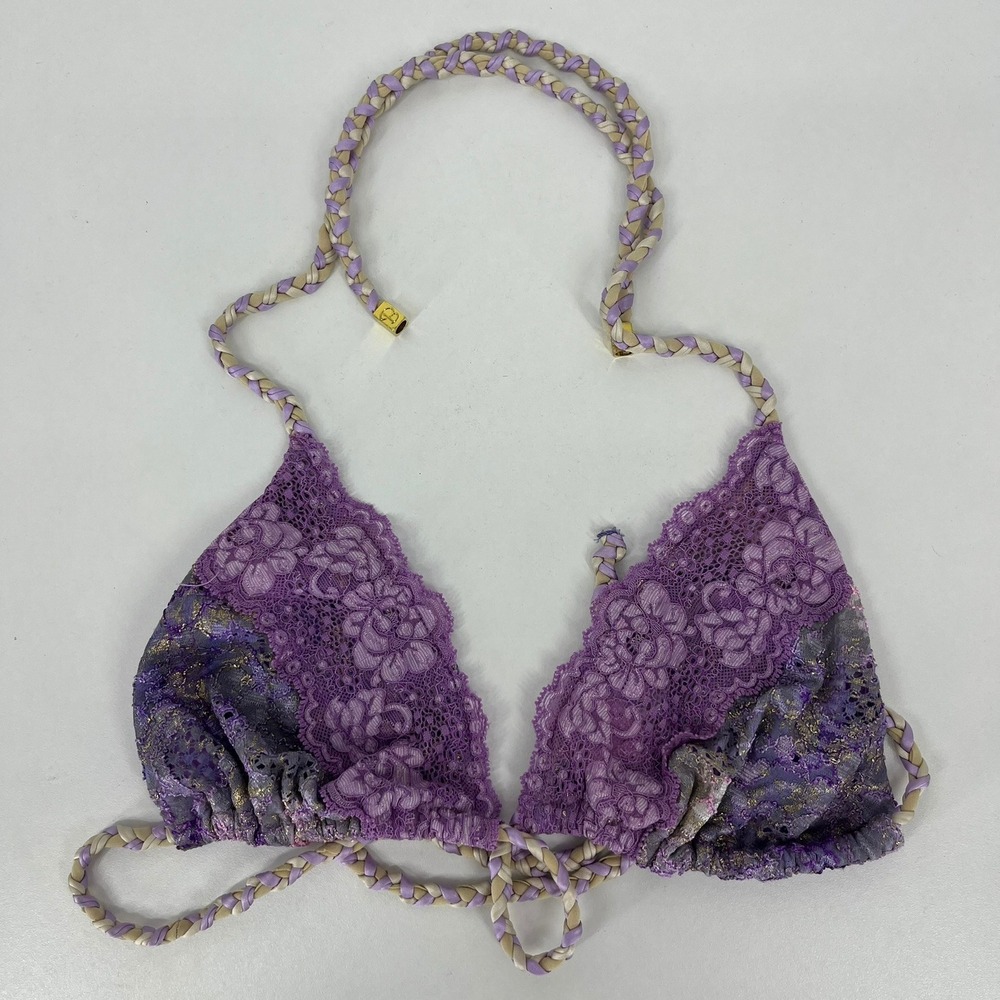 Beach Bunny Purple Lace Metallic Gold Braided Triangle Bikini Top XL